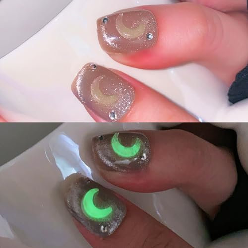 Brishow Cat Eye Faux Ongles Fluorescent Lune Press on Nails French Court Brillante Faux Ongles 24pcs pour Femmes et Filles
