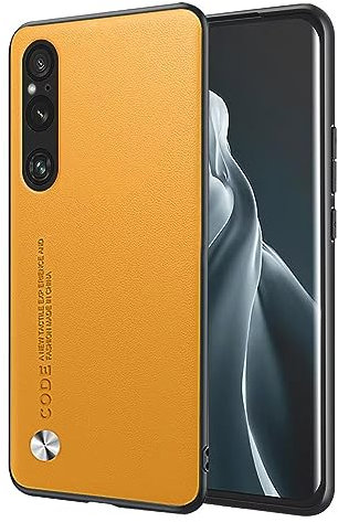 EASSGU Custodia per Smartphone, Compatible with Sony Xperia 1 V (6.5 Inches), Cover per Telefono in Stile Business con Retro in PU Pelle - Giallo