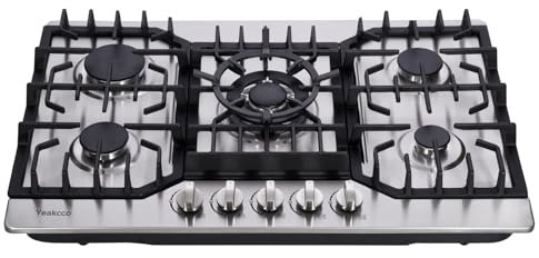 Yeakcco Gasherd 76,2 cm, Edelstahl, 5 Brenner, eingebauter Gasherd, Propan/Erdgas, umwandelbarer Herd, Doppelbrennstoff-Gasherd