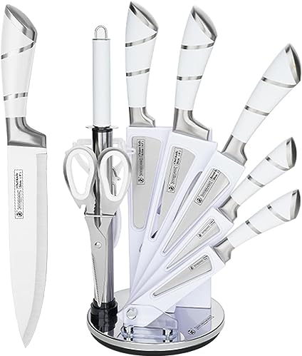 Wekity Set de couteaux de cuisine, bloc de couteaux antiadhésifs blancs 9 pièces, set de couteaux en acier inoxydable avec aiguisoir, pour couper des tranches et des dés