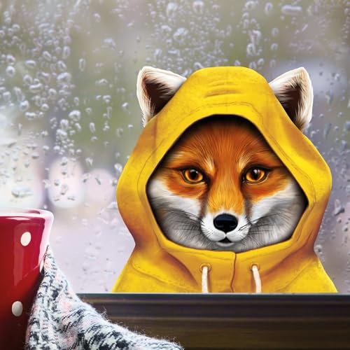 Fensterbild Tiere im Regenmantel mit Kapuze Herbst herbstlicher Fensteraufkleber Fensterdeko Regen, ca. A3 Format, Fuchs