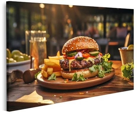 islandburner Bild auf Leinwand Burger mit Tomaten Salat Gurken auf Holzteller mit Fries Bilder Wandbilder Poster