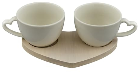 Doni Bomboniere Juego de 2 tazas de café para boda, de color dorado, plateado y blanco, de cerámica con base en forma de corazón, de madera, ideas de regalo completas originales baratas