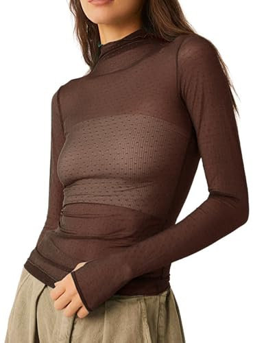 Edhomenn Women Sexy Sheer Long Sleeve Tops Mesh See Through Solid Color Casual Tops Slim Fit Blouse (Y-Brown, M)