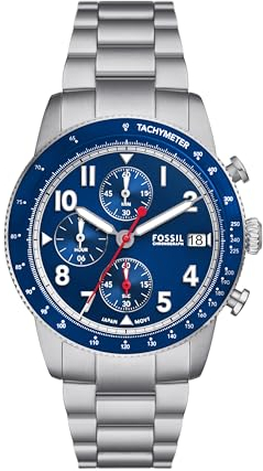 FOSSIL Herren Sport Tourer Quarz Edelstahl Chronograph Uhr Farbe: Silber/Blau (Modell: FS6047), Silber, Sport Tourer