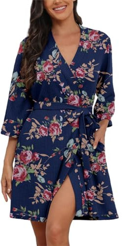 PrinStory Womens Dressing Gowns Lightweight Waffle Nightwear For Women V Neck Short Kimono Robes Ladies Bathrobe Soft Sleepwear With Pockets (Floral Print Robes Rose Navy Blue, L)