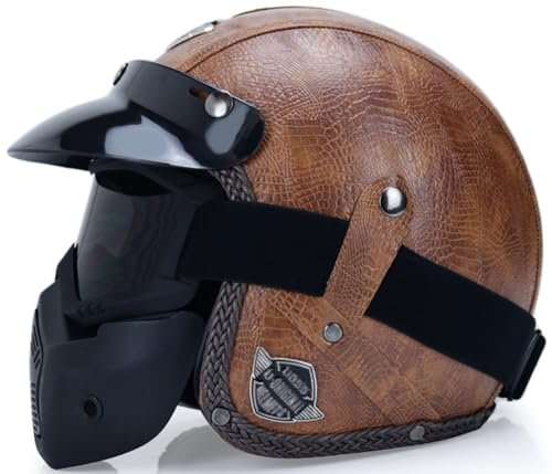 Retro-Motorradhelm mit offenem Gesicht und Maske Jethelm aus Leder Helm mit halber Abdeckung für Erwachsene Männer und Frauen abnehmbare Krempe ECE-geprüft Moped Roller 11,XL(61-62CM)