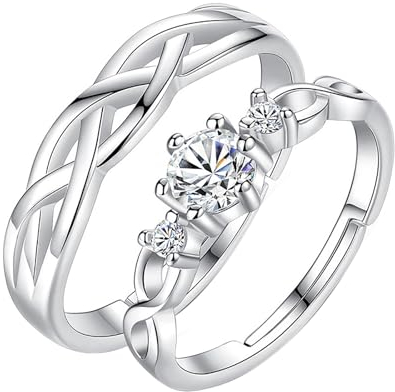JewelryWe Paar Ringe für Damen Herren: Edelstahl Zirkonia Infinity Unendlichkeit Zeichen Offen Verstellbare Partnerringe Freundschaftsringe Pärchen Eternity Hochzeit Verlobung Band Ringe Silber