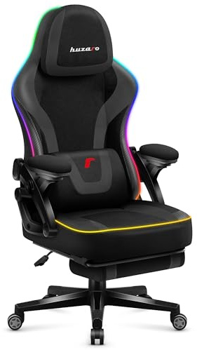 huzaro Force 4.6 RGB Ergonomisch Gaming Stuhl - Bürostuhl - bis 130 kg | Musik Sync - Fußstütze - Wippfunktion - Verstellbare Kopfstütze Rückenlehne - Stoff - Schwarz