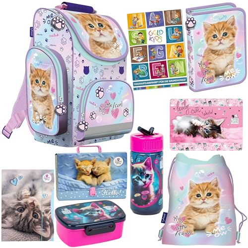 Goldkids - Schulranzen für Jungen und Mädchen, 9er-Set - Schul-Rucksack für Kinder mit Federmäppchen - Schuhbeutel Brotdose Trinkflasche Sammelmappe - Katze Motiv - 1-3 Klasse