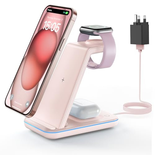 GEEKERA Wireless Charger, 3 in 1 Wireless Charging Station for iPhone 16/15/14/13/12/11/Pro Max/X/8, Phone and Watch Charger Stand for Apple Watch Ultra/10/9/8/7/6/5/4/3/2/SE, AirPods Pro/4/3/2-Pink