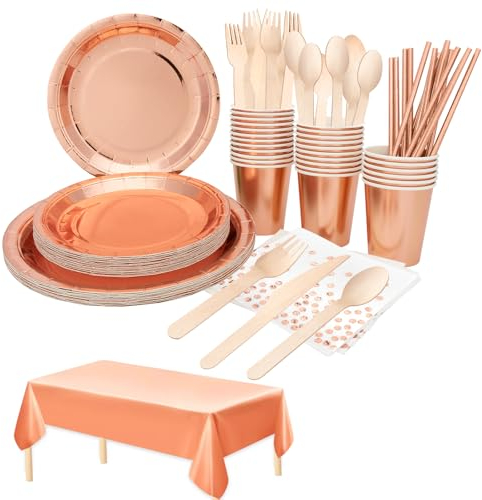 193 PCS Vaisselle de Fête D'anniversaire, Party Supplies Set, élégante Assiette Rose Gold Tasse Serviette Papier Paille pour Mariages Fête de Noël Baby Shower,24 Invités
