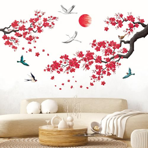 DECOWALL Stickers Muraux Branches Fleuries Rouges Oiseaux Grues (SG2-2406) | Branches fleuries rouges avec oiseaux, grues et soleil; décor mural japonais amovible et facile à poser sur surfaces lisses