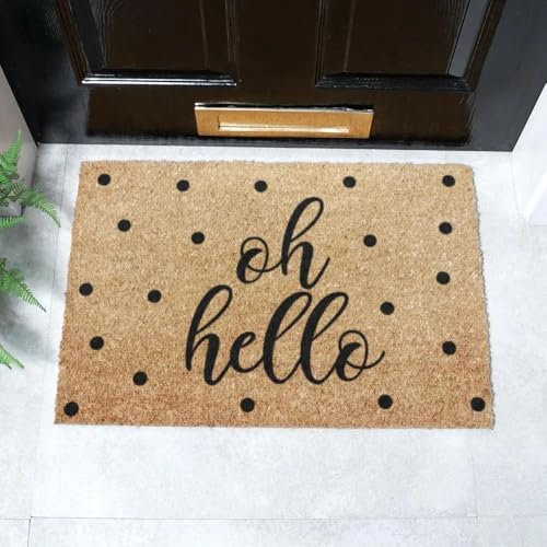 Artsy Mats - Oh Hello Doormat - Made from Tufted Coconut Fibre - Non-Slip Natural Rubber Backed Door Mats Indoor - Heavy Duty, Decorative Outdoor Mats (60x40cm)