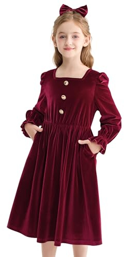 Rolanko Mädchen Samtkleid mit Taschen Puff Langarm A-Linie Winter Maxischwungkleid mit Schleifen-Haargummi für Weihnachten Geburtstagsfeier