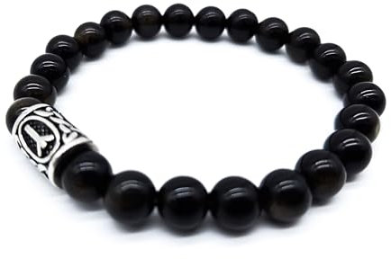 Wikinger Futhark Rune Edelstein Armband (18/21 cm, Damen/Herren) in Geschenkbox | Schutz Glück Energie (21, Rune ALGIZ Schwarzer Obsidian | Elch Schutz Tod)