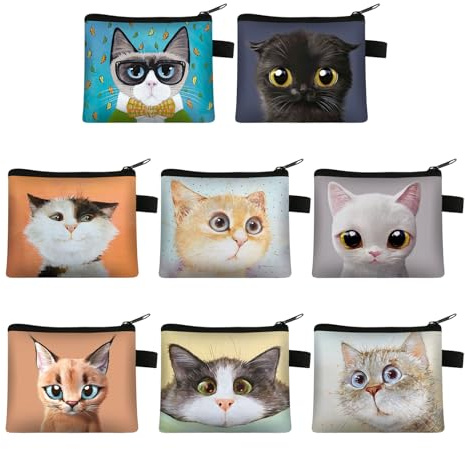 Sixfolo 8 Pièces Mini Porte Monnaie Chat pour Petits Objets | Petit Coin Porte Monnaie Femme Fille,Pochette Monnaie Enfant Portable avec Fermeture Eclair pour Coin,Carte de Crédit