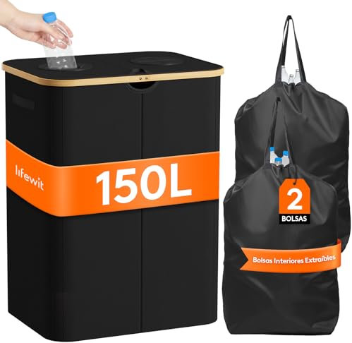 Lifewit Pattumiera Raccolta Differenziata 150 L Portatile, Contenitore per Bottiglie di Vetro e Plastica, Grande Bidone in Bambù per la Raccolta Selettiva, Nero