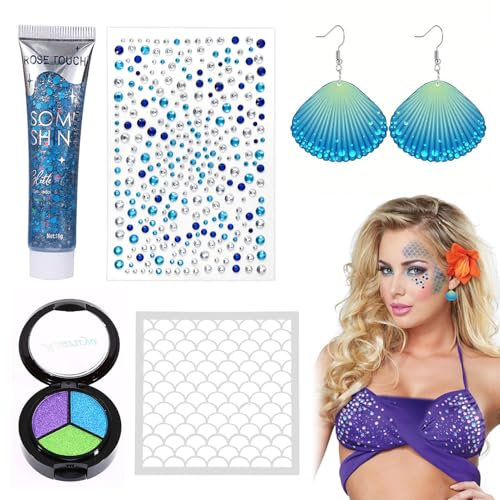 5 Stück Meerjungfrau Schminke,Schuppen Schablonen+Chunky Sequins Glitter Gel+Ohrringe in Muschelform+Blau Glitzersteine Gesicht Selbstklebend+Meerjungfrau Face Paint,für Karneval oder Club Cosplay