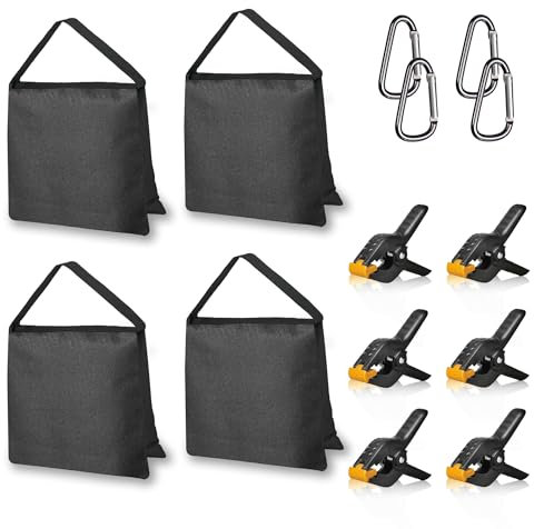EMART 4 Pack Sand Bags, Weight Sandbag Photography Accessories with 6 Spring Clamps for Backdrop Stand, Light Stand, Photo Tripod, Canopy Weights, Party Pop Up Tent, Fishing Chair, Camping- Black