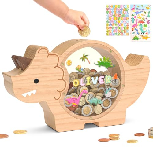 summidate Dinosaurier Sparschwein Holz Dino Spardose Kinder Personalisiert | Spardose Holz Dinosaurier für Kinder, Geldbox als Geschenk Kinder Geburtstag Geburt Einschulung, Kinderzimmer Deko Sparen