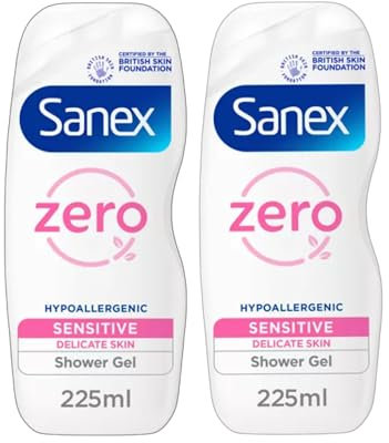Sanex Zero Sensitive Hypoallergenic Shower Gel 225ml, 0% Fragrance & Sulphates, 93% Natural Origin, For Delicate Skin