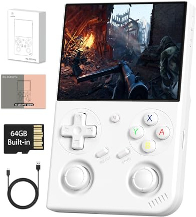 RG 35XXPro Consolas de juegos de mano RG35XXPro Consola de juegos retro con tarjeta de 64 GB, consola de videojuegos Linux 64 bits, soporte portátil de bolsillo, para arcade, compatible con más de 30