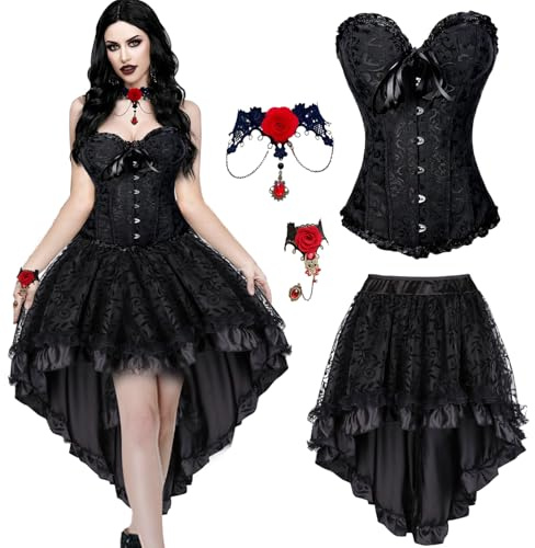 LXWINNER Corset Top Femme Gothique, Steampunk Jupe Femme Gothic, collier et bracelets gothiques, convient pour les fêtes, le cosplay, les représentations sur scène, Halloween, le carnaval (XL)