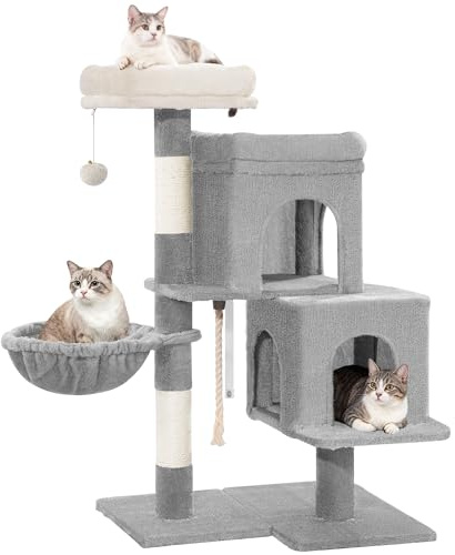 Hzuaneri 95 cm Cat Tree for Indoor, Cat Tower, Adjustable Base, Light Grey | Soft Large Platform, Plush Ball, Cat Bed, Scratching Post, Basket, Sisal Rope, Spacious and Sturdy, MS09718LG