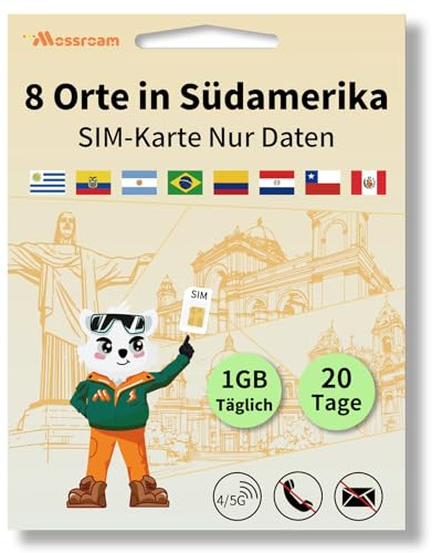 SIM-Karte für 8 Länder in Südamerika – Prepaid-Datentarife | 1 GB Daten täglich, 20 Tage | Highspeed-Internet | Ideal für Reisende