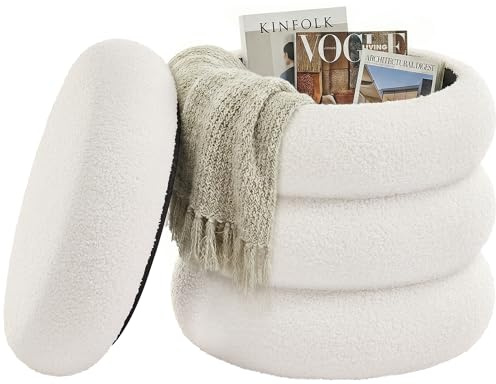 SONGMICS Tabouret de Coiffeuse, Pouf Rond avec Rangement, Repose-Pieds Rembourré, Couvercle Amovible, pour Salon, Chambre, Entrée, Montage Facile, 43 x 47 cm, Tissu Peluche Teddy, Blanc LOM015WD01