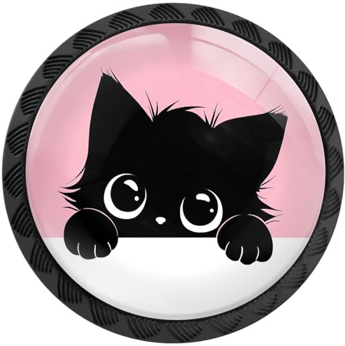 Artinhand Paquete de 4 pomos redondos de gato negro para cajones de cocina, armarios de baño