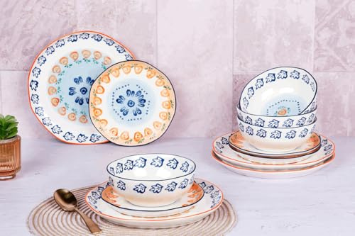 BJORN Geschirrset Les Essentiels NAPOLI, 12-teilig – Elegantes Tafelservice aus weißem Porzellan, handbemalt – Teller und Schalen für den täglichen Gebrauch
