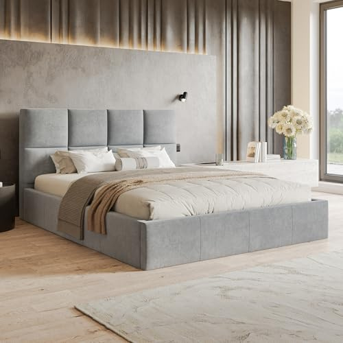 MOTIVENA Star Bett 180x200 Grau Samt, mit Stauraum, mit Kopfteil, mit Lattenrost, ohne Füße, mit Matratze H3/H3, Polsterbett 180x200 mit Bettkasten Grau (Hellgrau)