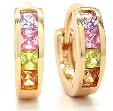 Reale piccolo oro giallo 18CT placcato orecchini a cerchio con scintillanti gemme colorate principessa viola gioielli sacchetto nero scatola regalo e Oro giallo, colore: Arcobaleno, cod. EC9