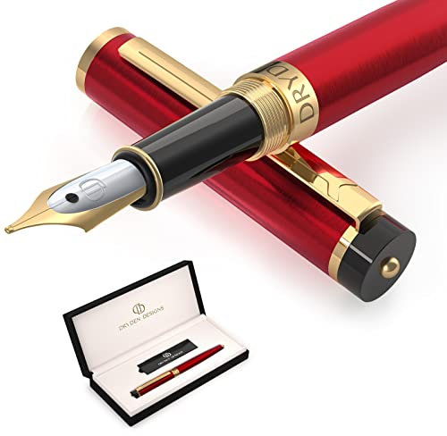 Dryden Designs Fountain Pen - Medium Nib Premium Box | 6 Ink Cartridges Included - Royal Red