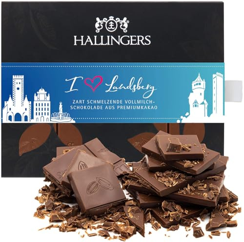 Hallingers Genuss Manufaktur Schokolade Geschenk - Tafel handgeschöpften Edelkakaos ohne Alkohol edler Karton I love Landsber... Pur, Geschenkidee für Frauen Männer