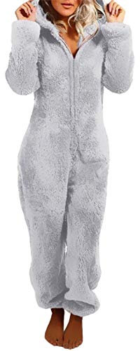 Geagodelia Grenouillère en Peluche pour Femme Pyjama Femme d' Hiver Combinaison avec Fermeture Éclair Vêtement de Nuit en Peluche (Gris, XL)