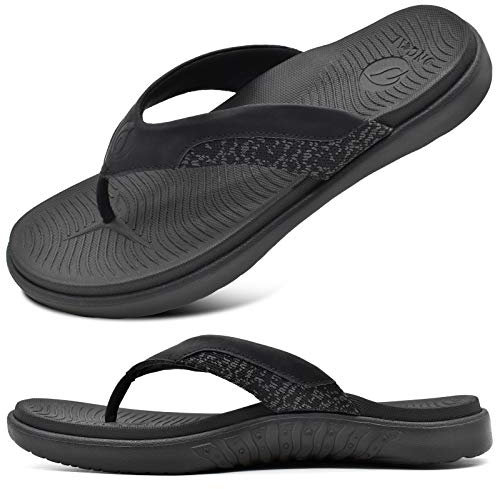 ONCAI Mens Flip Flops,Comfort Orthotic Beach Sport Athletic Soft Arch Support Thong Sandals with Yoga Foam Black Size 9