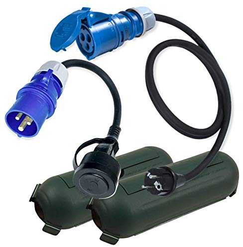 IntuiFlex CEE Adapter Stecker Kupplung Schutzbox/Kabelbox Set Grün - Camping Boot Wohnmobil Wohnwagen Zubehör - H07RN-F 3x2,5mm 230V 16A Campingstecker Adapter Kabel 1,5m u. 0,3m Camping Adapter Strom