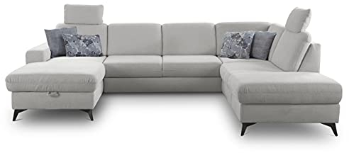 CAVADORE Wohnlandschaft Lotta / Skandinavische Federkern U-Form mit 2 Kopfstützen, Schlaffunktion + Bettkasten / leichte Fleckentfernung dank Soft Clean / 303 x 88 x 212 / Hellgrau
