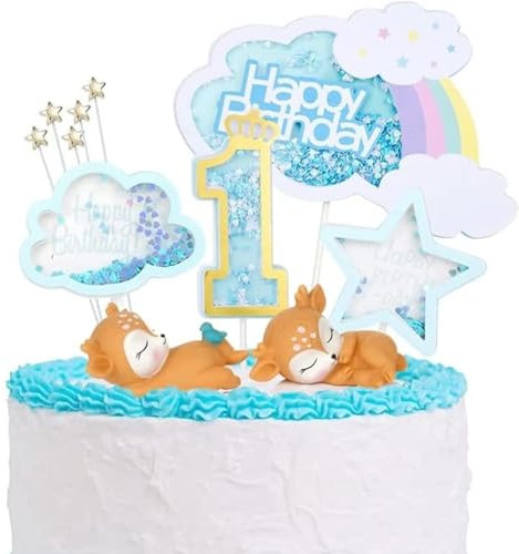 1st Kuchen Dekoration Happy Birthday Tortendeko 1. Geburtstag Kuchen Topper Kuchendekoration Kuchendeko Cake Topper Blau Sterne Kitz Wolken für Junge Mädchen Kindergeburtstag Baby