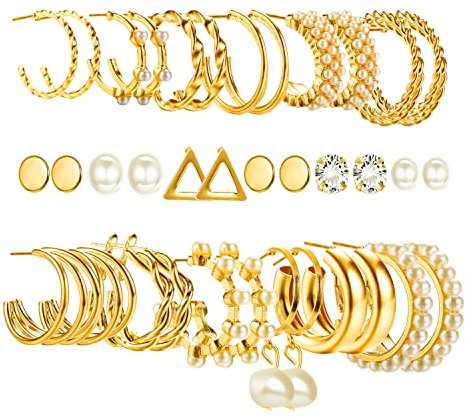 KALVICA Gold 18 Paar Perle Creolen Ohrringe, Hängend, Schmetterling, Schlange, Perle, Webart Tropfen, Gesetzt