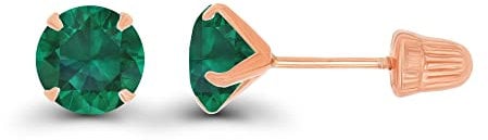Solid 14k Gold Hypoallergenic 5mm Round Birthstone Solitaire Prong Set Screw Back Stud Earrings, Rose Gold Metal Stone, Created Emerald