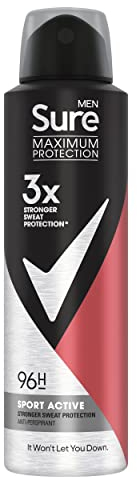 Sure Men Maximum Protection Sport Active Anti-Transpirant Deodorant Aerosol Anti-Transpirant Deo Spray mit 3x stärkerem* Schweißschutz 96h Schutz vor Schweiß und Geruch 150ml
