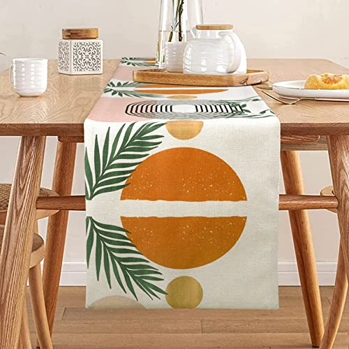 Tischläufer Modern Abstrakt Tischläufer Boho Beige Modern Minimalistisch Gelb Tischdeko Abwaschbar Grüne Blätter Tischset Läufer 33 x 183 cm rutschfeste Tischdecke für den Esstisch