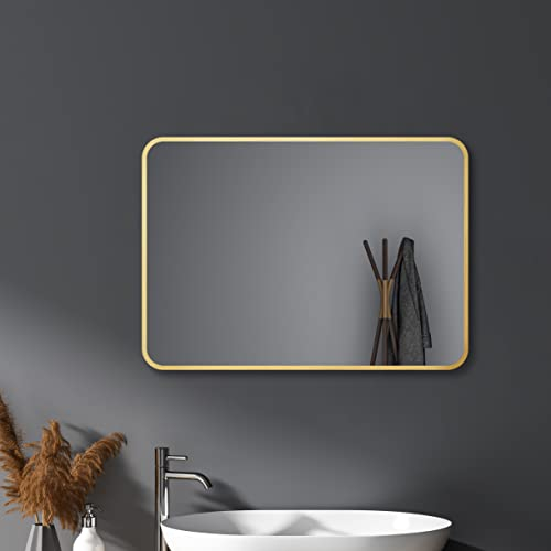HY-RWML Wandspiegel Gold 50x70 cm Spiegel Rechteckiger groß Abgerundete Ecken Wandmontage Edelstahl Kosmetikspiegel für Badezimmer Wohnzimmer Glatte Spiegeloberfläche horizontaler vertikaler Einbau