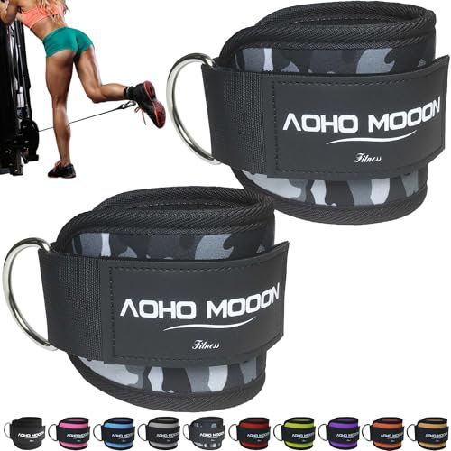 AOHO MOOON Comfortable Adjustable Padded Ankle Wrist Cuffs Neoprene Padded Straps D-Ring Glute Kickback for Cable Machine, Ideal for Glutes Exercises (Pair, Camo)