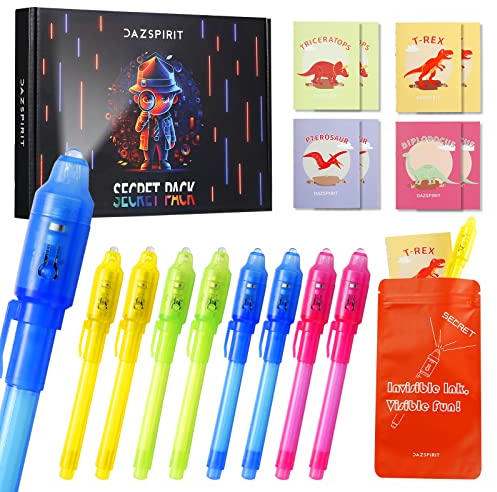 DazSpirit 8 Stück Geheimstift und Notizbuch-Set – Dinosaurier-Thema Geschenktüten, Zauberstifte mit UV-Licht Partytütenfüller für Jungen und Mädchen, Unsichtbarer Stift Spy Pen zum Mitgebsel Kinder