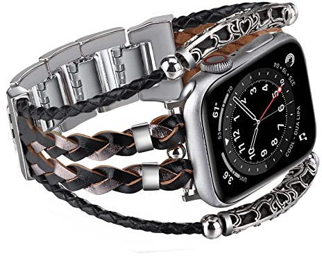 Wingoden Posh Leather Band Compatible with Apple Watch Band Bracelet 42mm 44mm 45mm 49mm for Women Men - Wrap Boho Apple Watch Strap for iWatch Band Series 9 8 SE 7 6 5 4 3 2 1 Ultra 2, Black Braided